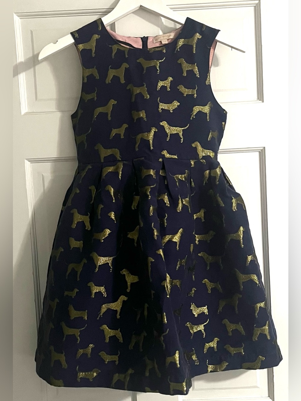Mini Boden Girls Navy Dress with Gold Dog Print - Elegant Party Dress